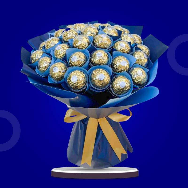 Gallant Sweets chocolate bouquet with 36 Ferrero Rocher chocolates in a two-tone blue Korean wrap and light gold ribbon