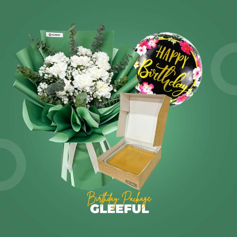 Gleeful Birthday Package with carnation bouquet, caramel cake, and happy birthday balloon