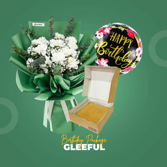 Gleeful Birthday Package with carnation bouquet, caramel cake, and happy birthday balloon