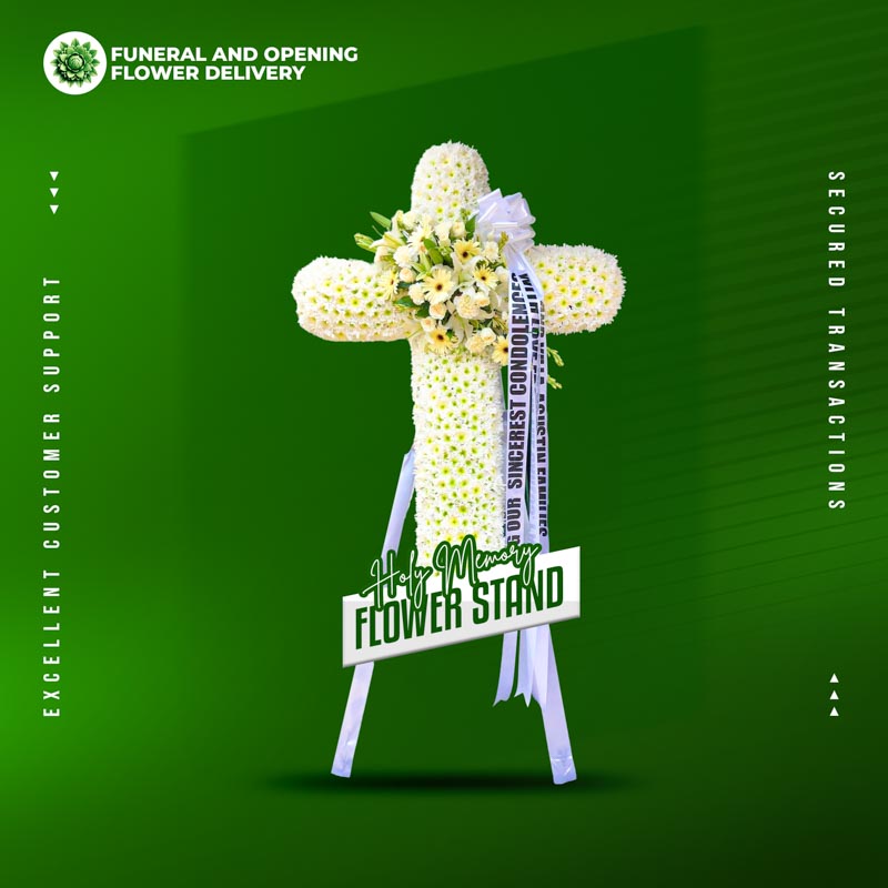 Holy Memory Funeral Stand with white Malaysian mums, white gerbera daisies, and lush greenery