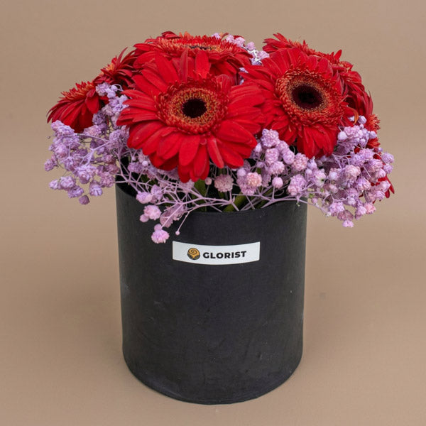 Hopeful Times Flower Box with red gerbera daisies and purple-painted gypsophila baby's breath in a matte gift box, same-day delivery in Metro Manila