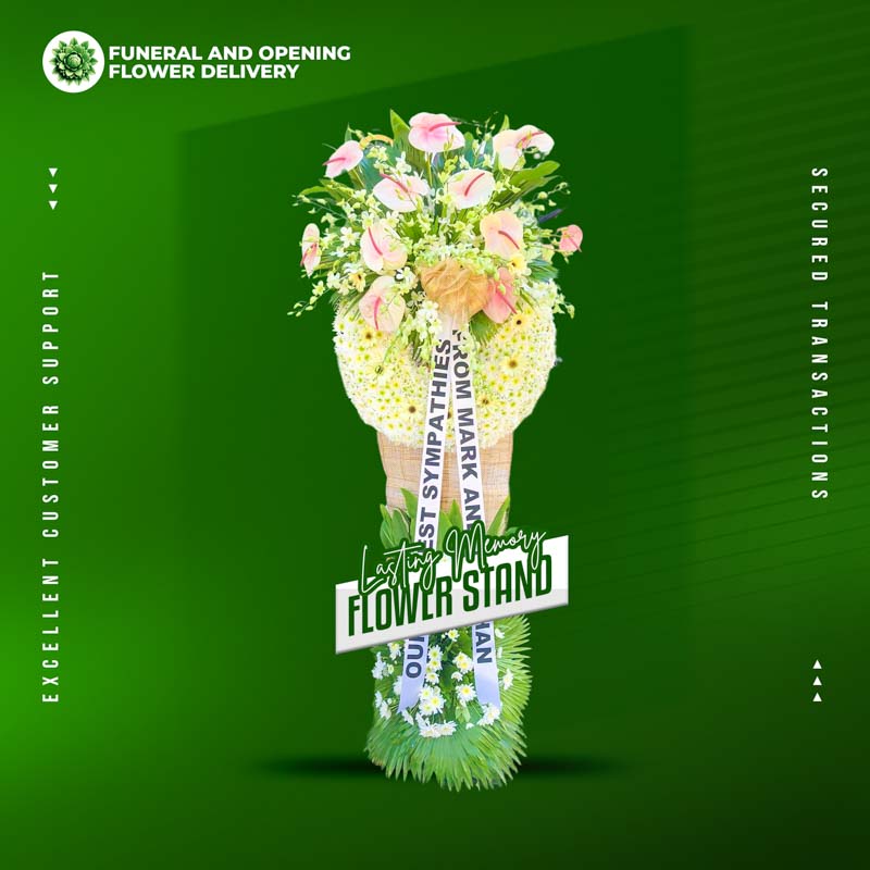 Lasting Memory Wreath Stand with 12 white anthuriums, 7 white gerberas, orchids and Malaysian mums accented by green line and anahaw leaves for Metro Manila memorials