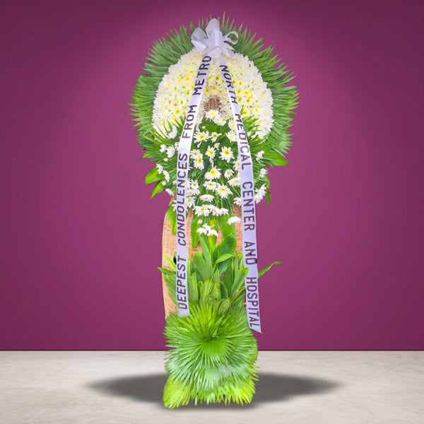 Legendary Memory Funeral Stand with white Malaysian mums, green line and anahaw leaves in elegant wrap for Metro Manila memorial services
