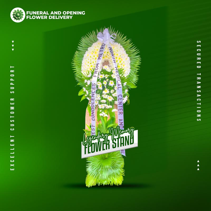 Legendary Memory Funeral Stand with white Malaysian mums, green line and anahaw leaves in elegant wrap for Metro Manila memorial services