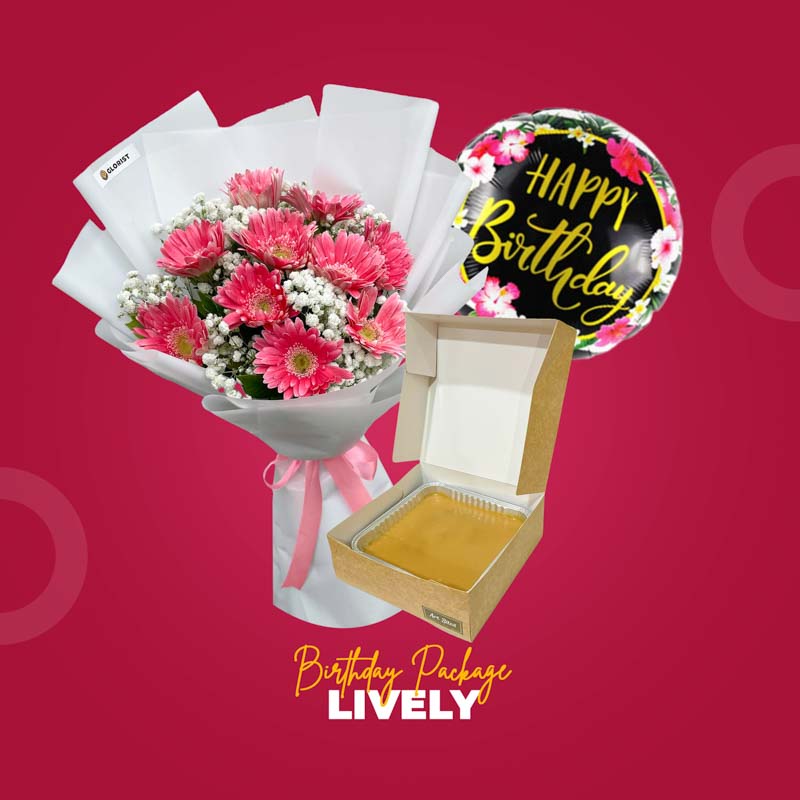 Lively Birthday Package with Gerbera daisy bouquet, caramel cake, and birthday balloon