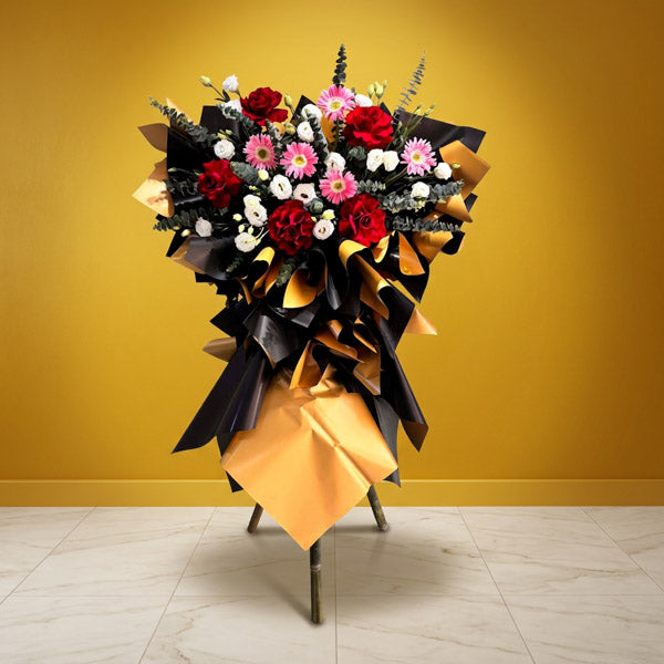 Business opening flower stand with pink gerbera and white lisianthus