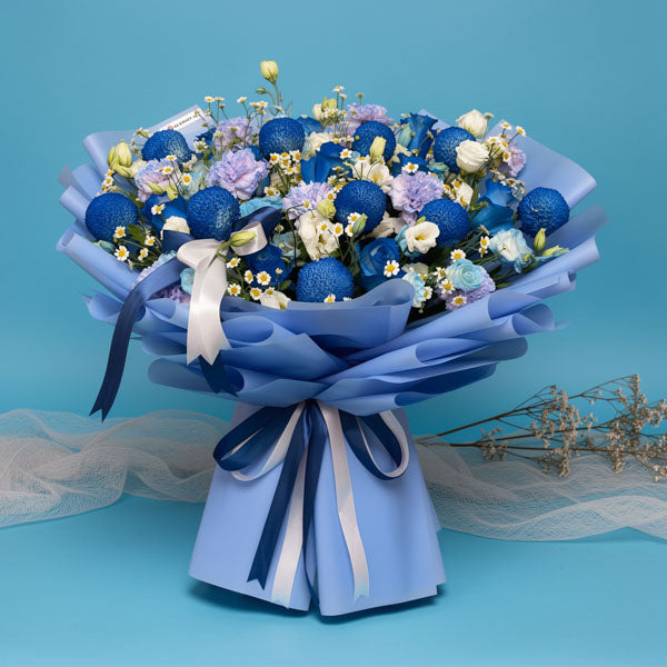 Blue carnation and white lisianthus bouquet with Korean-style wrapping