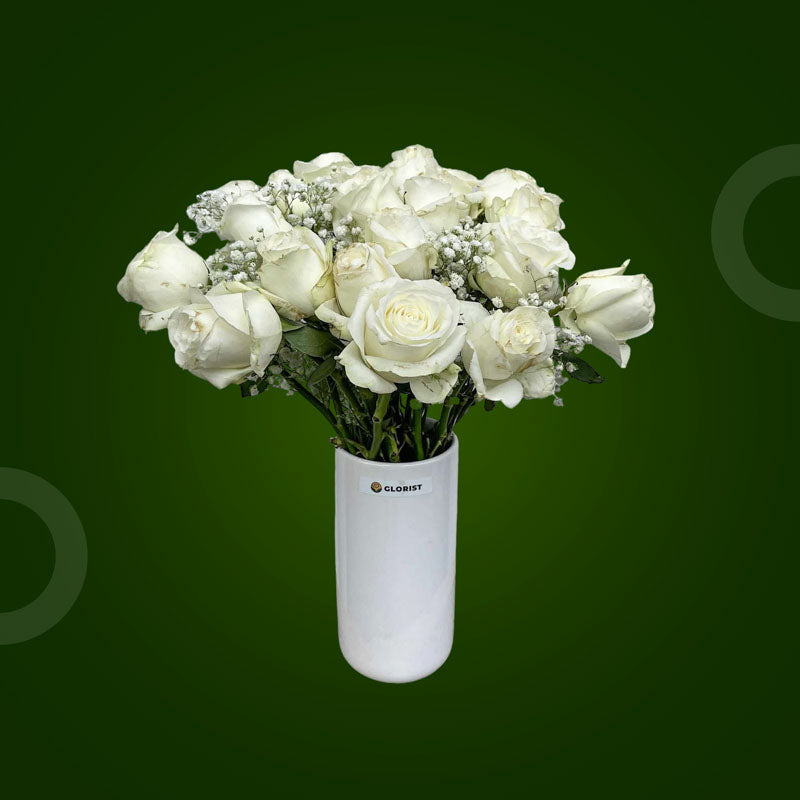 Majestic Fresh Flower Vase with twenty white China roses and gypsophila baby’s breath in a clear glass vase