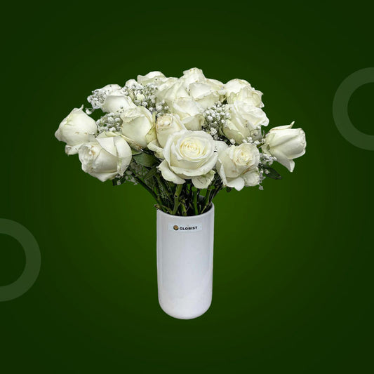 Majestic Fresh Flower Vase with twenty white China roses and gypsophila baby’s breath in a clear glass vase