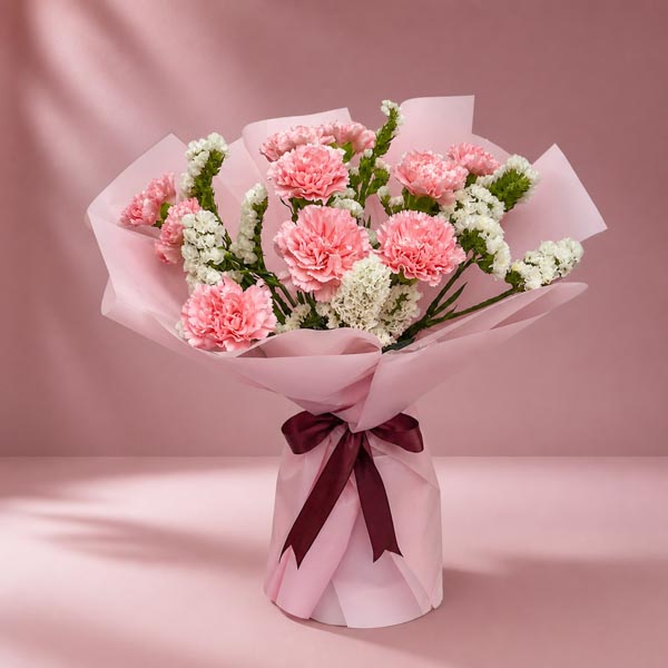 Mellow Radiance bouquet with 10 light pink carnations and white statice in light pink Korean wrap with brown ribbon