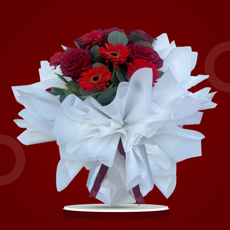 Modest Love bouquet with red Ecuadorian roses, gerbera daisies, and eucalyptus in white wrap with brown ribbon