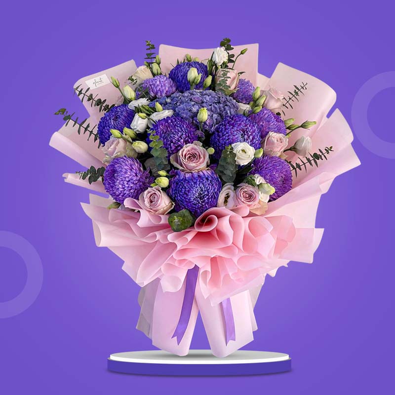 Motivated Love bouquet with purple chrysanthemums, local hydrangea, white lisianthus, and light pink roses — hand-arranged and available for same-day delivery in Metro Manila