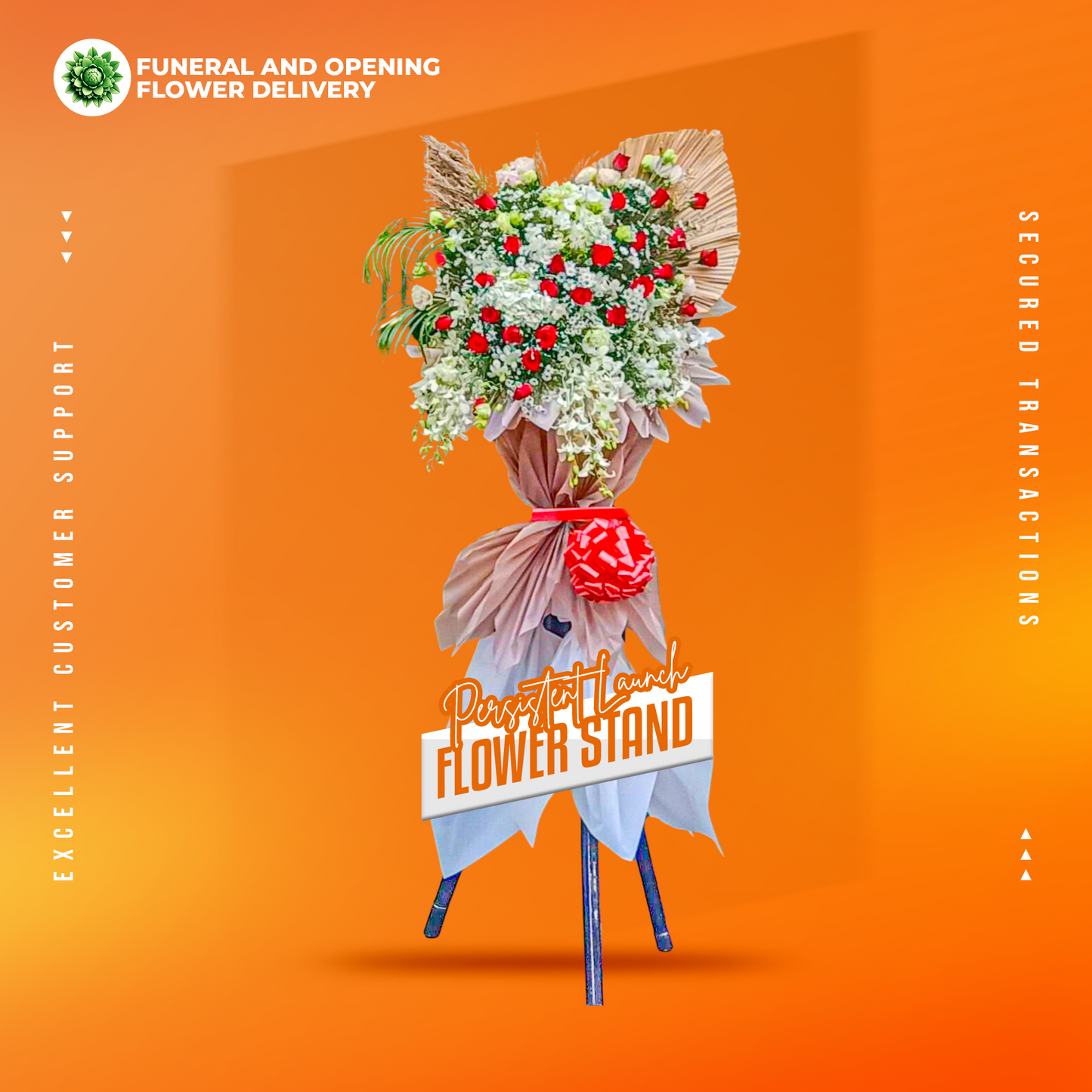 Persistent Launch Inaugural Stand with red roses, local white orchids, white hydrangea, misty blue, white aster, and lisianthus