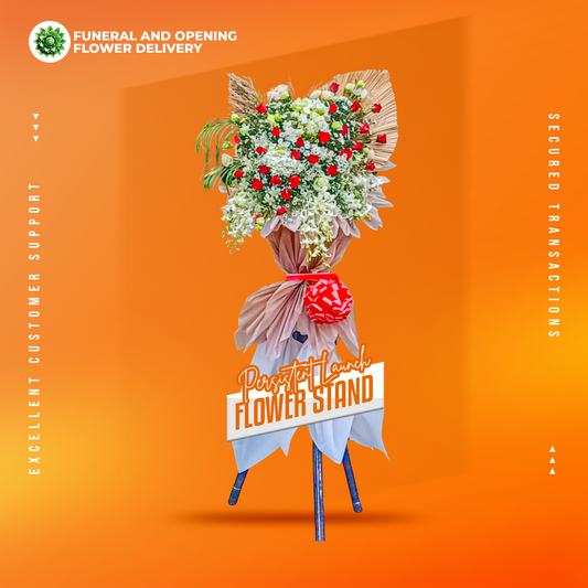 Persistent Launch Inaugural Stand with red roses, local white orchids, white hydrangea, misty blue, white aster, and lisianthus