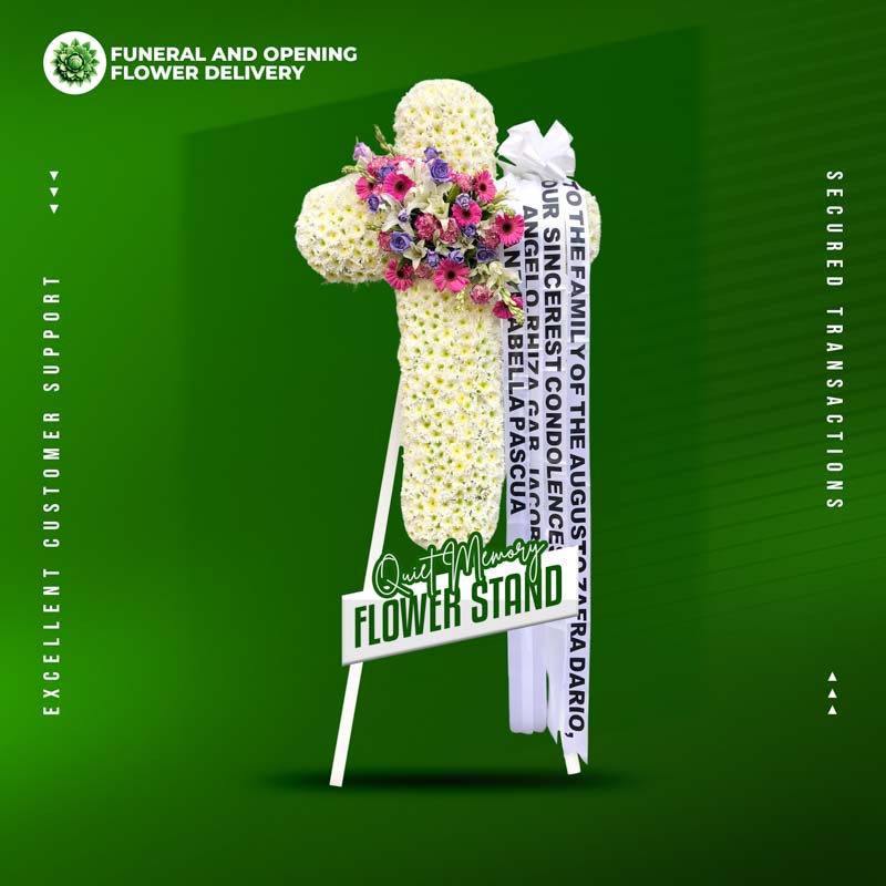 Quiet Memory Funeral Stand with elegant floral arrangement for a peaceful tribute
