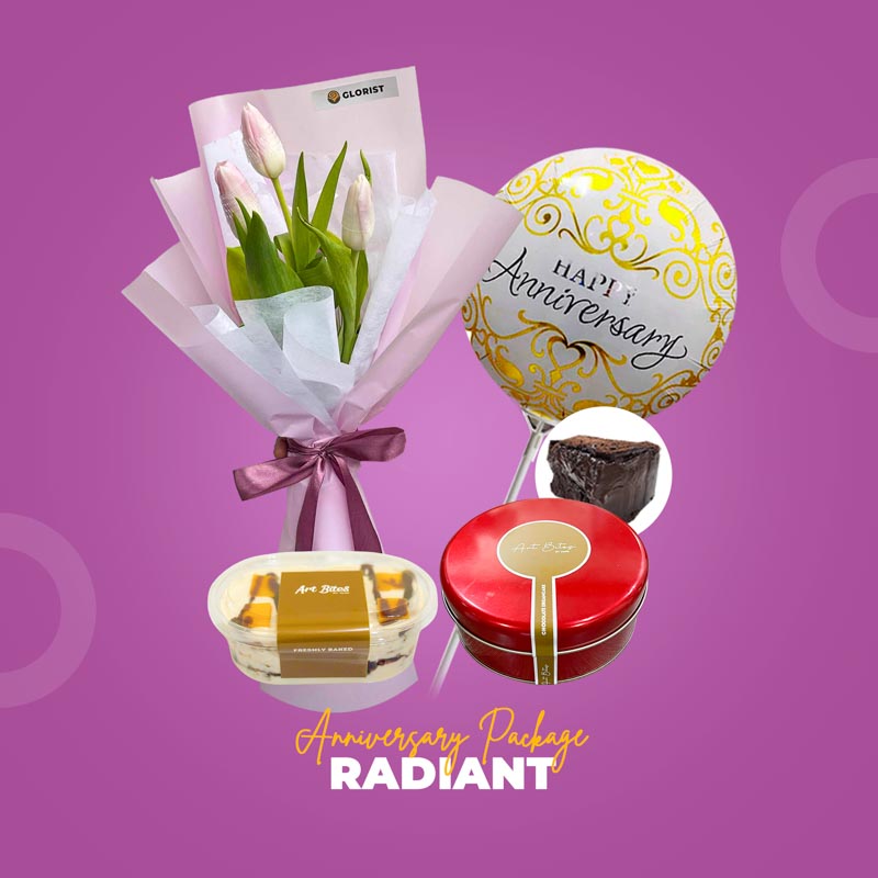 Radiant Anniversary Package with tulip bouquet, chocolate cake, mango choco tango, and anniversary balloon