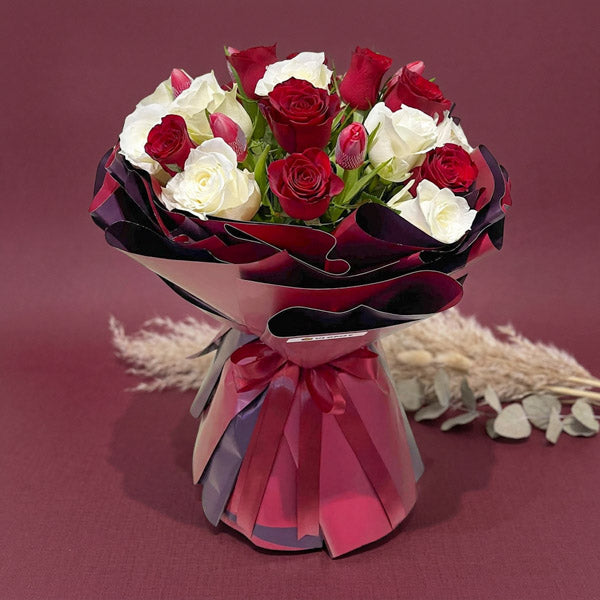 Cherry red tulips with red and white China roses bouquet in maroon Korean wrap