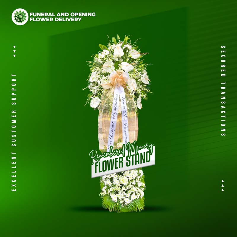 Remembered Memory funeral stand with 12 anthuriums, orchids, Malaysian mums and green line & anahaw leaves — sympathy tribute for Metro Manila