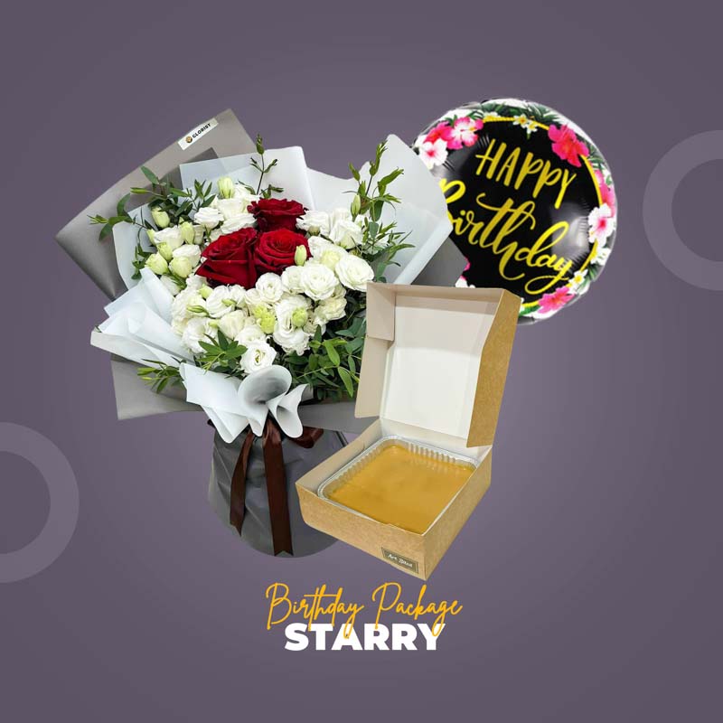 Starry Birthday Package with premium assorted bouquet, caramel cake, and birthday balloon