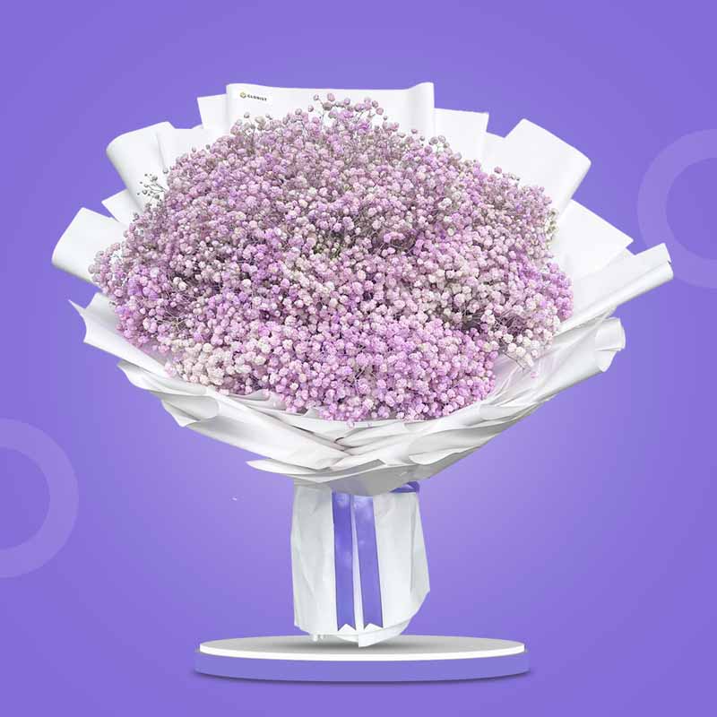 Tasteful Snow bouquet with purple painted Gypsophila Baby’s Breath in white Korean wrap and lavender ribbon