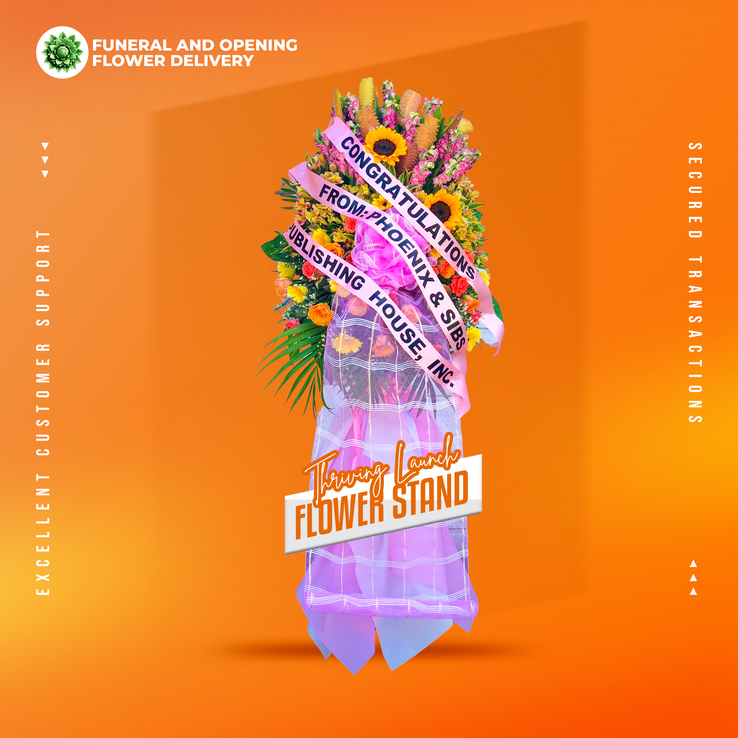 Thriving Launch Opening Stand with sunflowers, yellow gerberas, dark pink roses, pomelo roses, orange China roses, snapdragons, and lush greenery