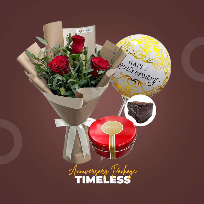 Timeless Anniversary Package with imported China rose bouquet, chocolate cake, and anniversary balloon