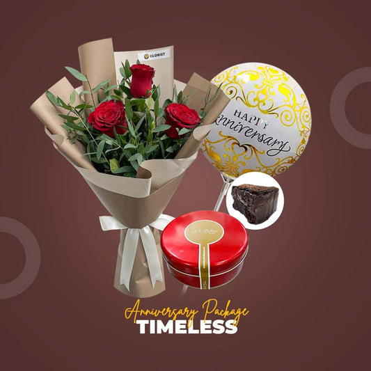 Timeless Anniversary Package with imported China rose bouquet, chocolate cake, and anniversary balloon