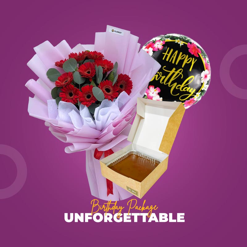 Unforgettable Birthday Package with Gerbera daisy bouquet, chocolate cake, and birthday balloon