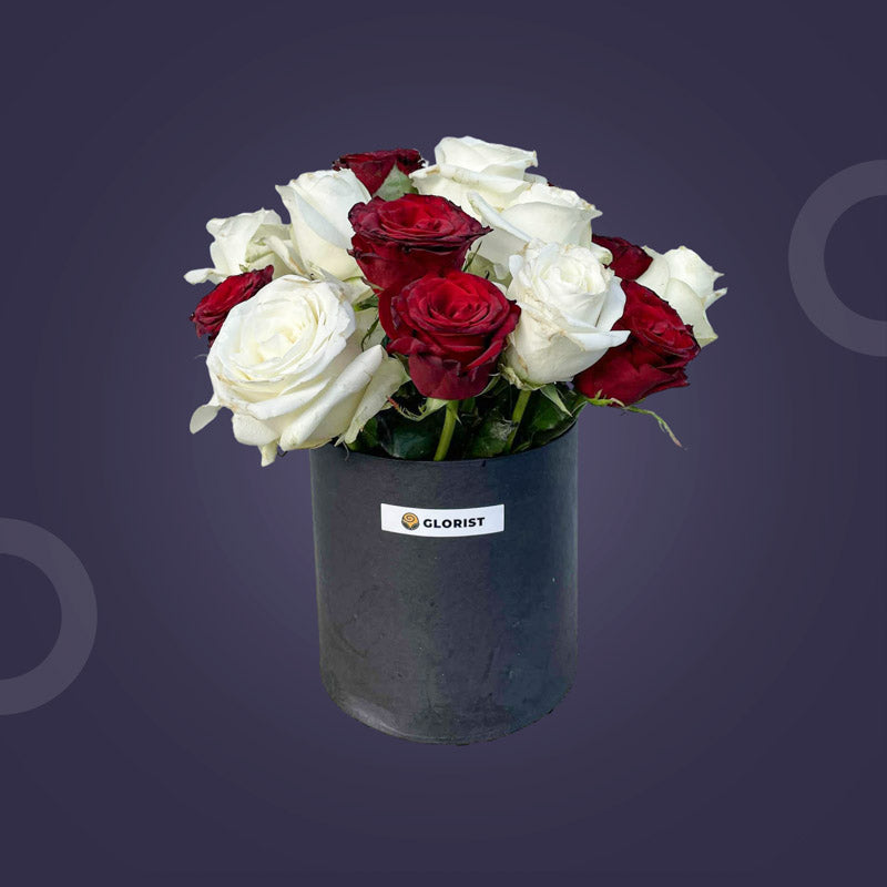 Valiant Times Flower Box with ten red China roses and ten white China roses in a sleek gift box