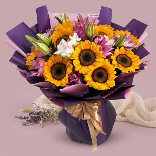 Sunflower bouquet with double-petal stargazer lilies