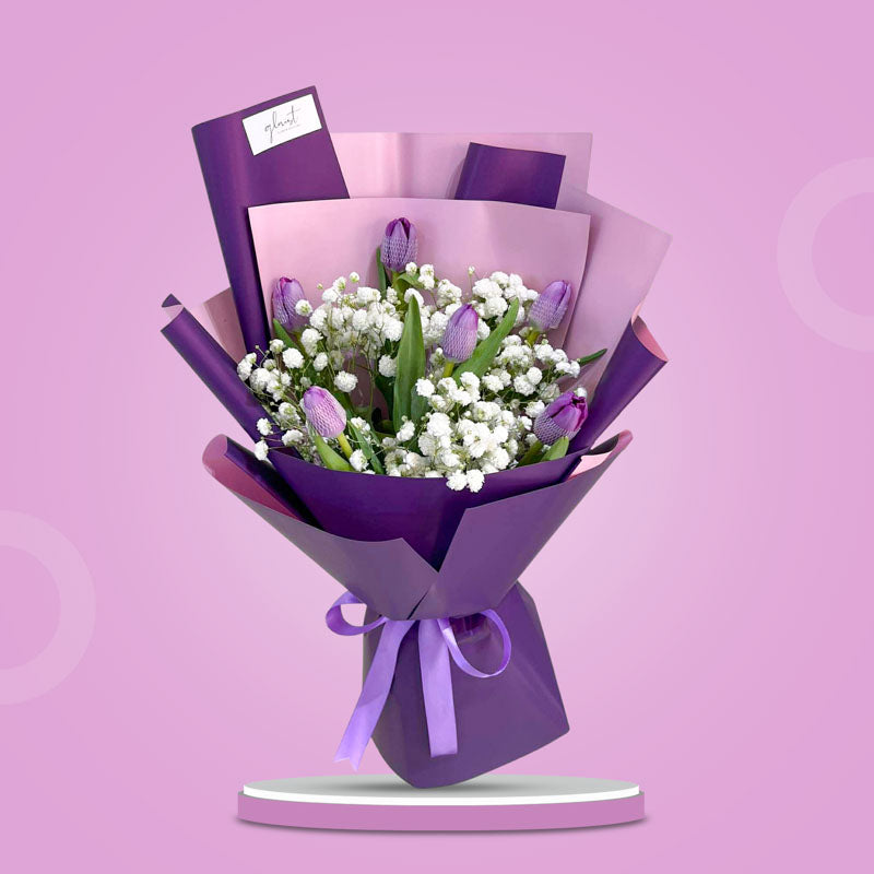 Verity Perennial bouquet with six purple tulips and gypsophila baby’s breath in two-toned purple Korean wrap — Manila delivery