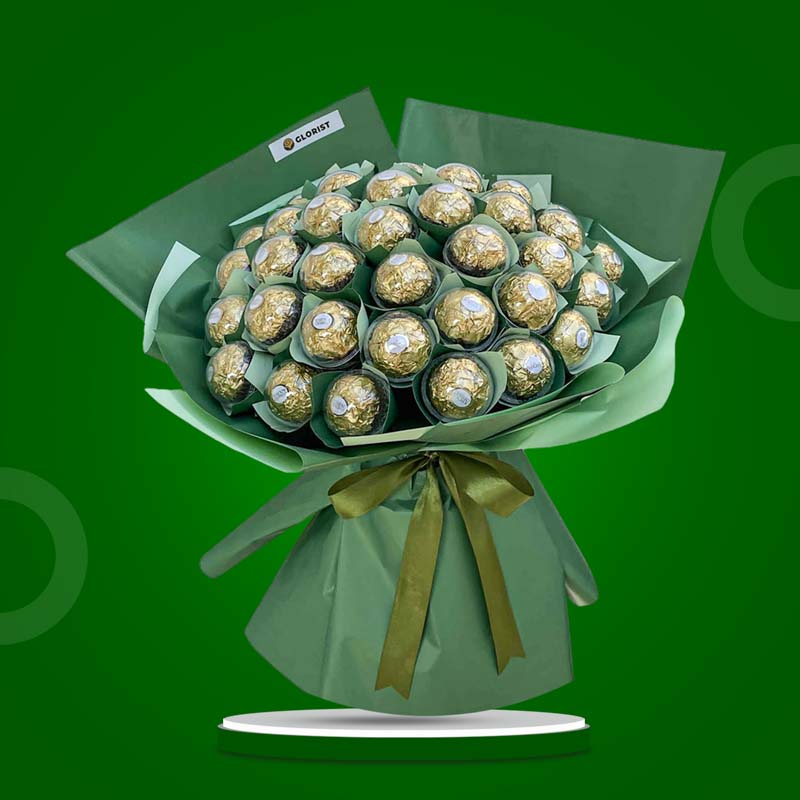 Wholesome Sweets chocolate bouquet with 48 Ferrero Rocher chocolates in matcha green Korean wrap and dark olive ribbon