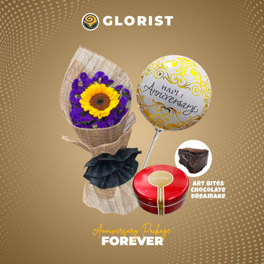 Forever Anniversary Package with sunflower bouquet, anniversary balloon, and chocolate dream cake for delivery in Metro Manila, Rizal, Bulacan, Laguna, and Tagaytay.