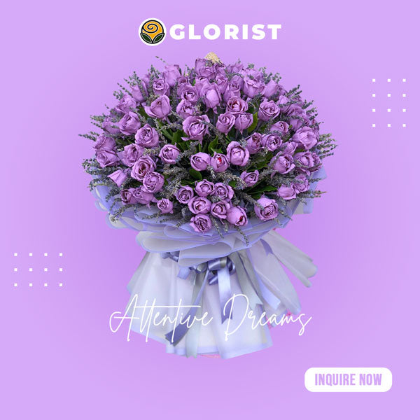 99 Floral Painted Purple Roses with Misty Blue Bouquet - Korean wrap, satin ribbon. Impressive and passionate floral arrangement for a special occasion.