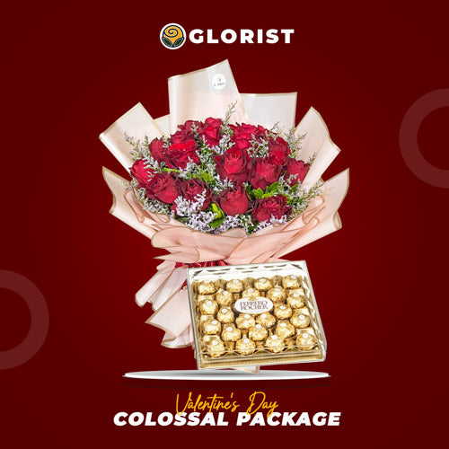 Colossal Set Valentine’s bouquet with 20 China roses, white misty fillers, wrapped in elegant Korean wrap, paired with T24 Ferrero Rocher chocolates.