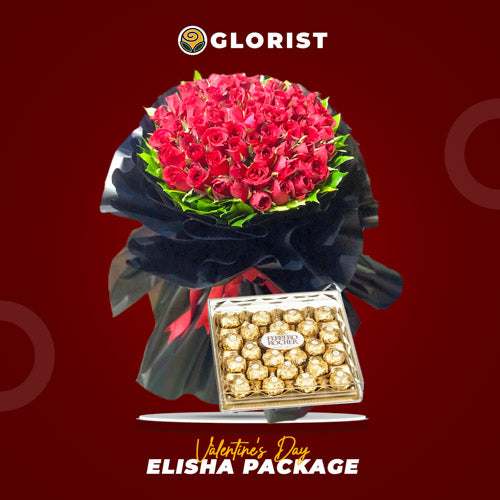 Elisha Set Valentine’s bouquet with 60 red roses, wrapped in a black Korean wrap, paired with T24 Ferrero Rocher chocolates.