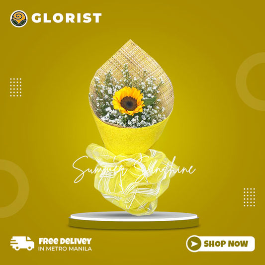 Summer Sunshine: A radiant sunflower and aster bouquet wrapped in yellow tissue with charming burlap accents, evoking the warmth and cheerfulness of summer.