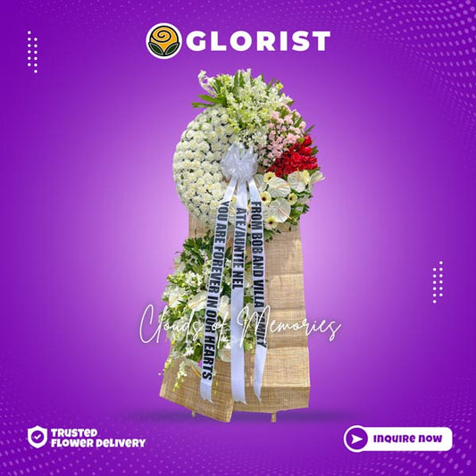 Graceful Sympathy Flower Stand: White and pink carnations, red roses, anthurium, orchids, white gerbera daisies - A heartfelt tribute for moments of solace.