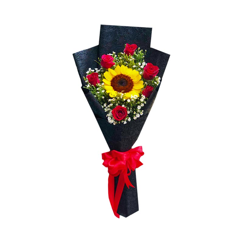 Summer Love: An exquisite arrangement featuring a vibrant sunflower, six passionate red Baguio roses, and delicate aster fillers. Wrapped in elegant black tissue and tied with a romantic red satin ribbon, it symbolizes deep affection and heartfelt emotions.