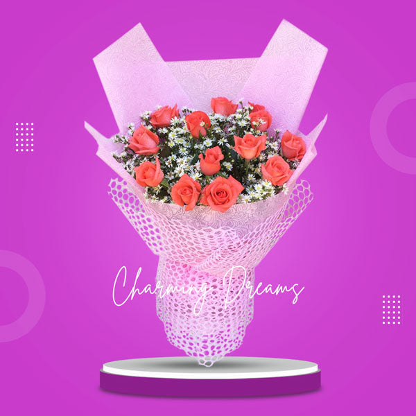 Exquisite bouquet of twelve fresh pomelo roses, artfully arranged with care and adorned with aster fillers, elegantly wrapped in tissue and enhanced with a delicate net covering, adding a touch of sophistication to this stunning floral arrangement.