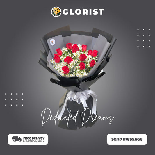 Country Dreams Bouquet: Capture the essence of pure romance with a dozen exquisite red Baguio roses and delicate aster, wrapped in maroon and white Korean film. A charming bouquet that evokes a sense of rustic beauty.