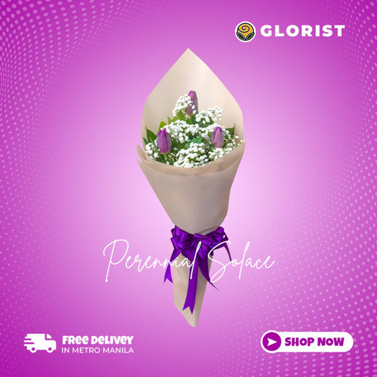 Sunny bouquet: 3 purple tulips with gypsophila fillers. Korean wrap with satin ribbon, a charming blend of colors and textures.