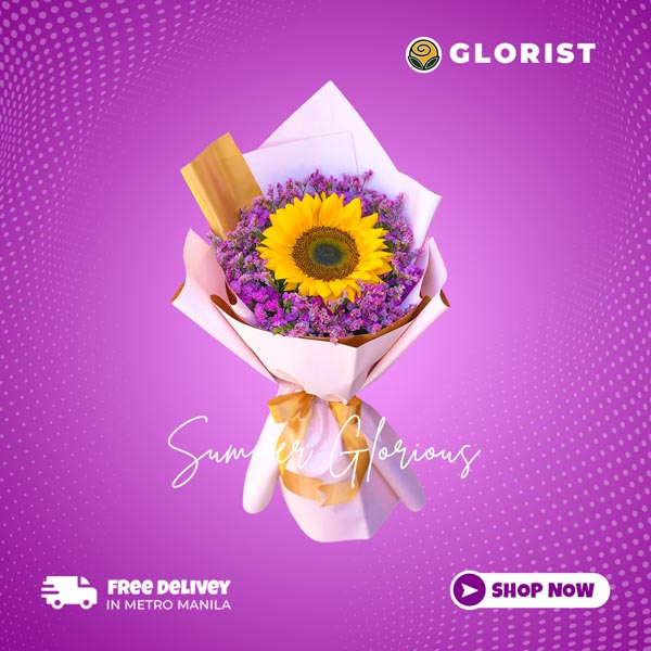 Captivating sunflower: A single sunflower embraced by delicate Purple Statice fillers, wrapped in a Korean style with a satin ribbon, exuding natural beauty.