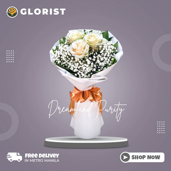 Dreamland Purity Bouquet: Experience pure elegance with 3 Imported White Ecuadorian Roses, Rosal, and Gypsophila Baby's Breath. Wrapped in exquisite White Korean Film, this bouquet exudes delicate beauty and timeless sophistication.
