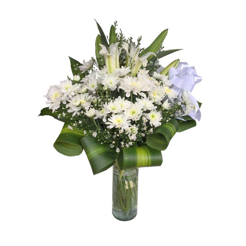 Pure vase arrangement with delicate white Malaysian mums and captivating stargazer lilies, elegantly displayed in a clear glass vase. A stunning composition of freshness and elegance.