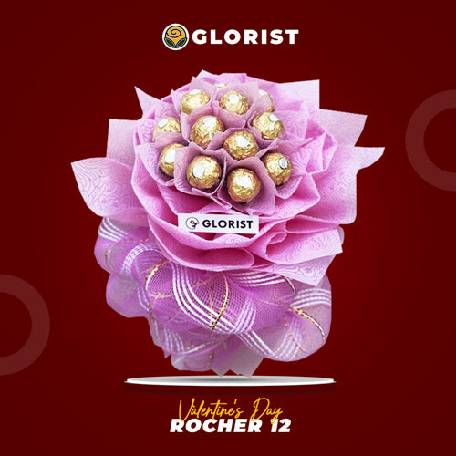 Elegant Rocher 12 Chocolate Bouquet wrapped in pink tissue and ribbon, featuring 12 Ferrero Rocher chocolates.