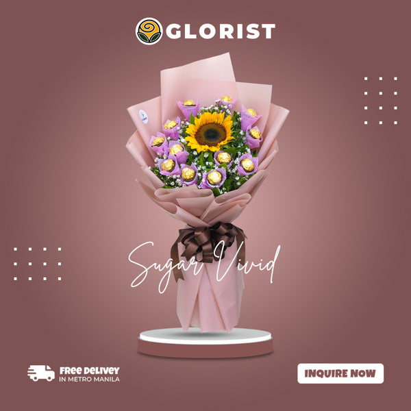 Sugar Vivid: A luxurious arrangement of 12 exquisite Ferrero Rocher chocolates with a single Sunflower nestled in aster fillers, meticulously wrapped in Korean Wrap with Satin Ribbon, creating a delightful indulgence for chocolate lovers.