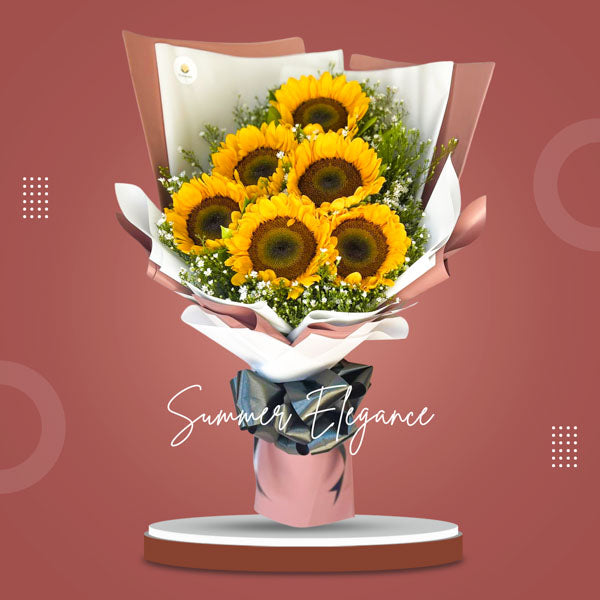 Sunny delight: Bouquet of 6 vibrant sunflowers accompanied by Aster fillers, wrapped in Korean style with a satin ribbon, exuding joy and radiance.