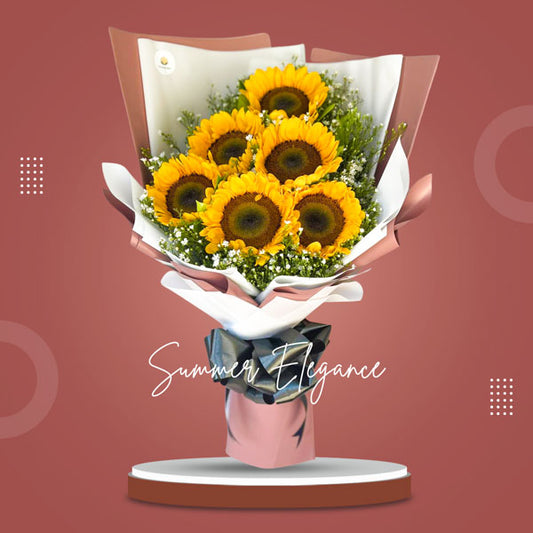 Sunny delight: Bouquet of 6 vibrant sunflowers accompanied by Aster fillers, wrapped in Korean style with a satin ribbon, exuding joy and radiance.