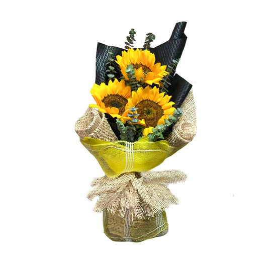 Bright sunflower trio with Eucalyptus leaves: Korean wrapped bouquet adorned with rustic burlap, radiating natural beauty and freshness.